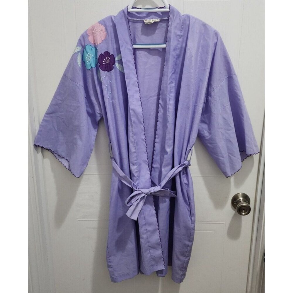 Vintage Lyre‎ Bird Women's Lightweight Short Robe Floral Applique Purple Size M